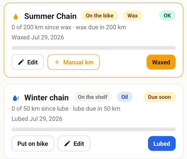 Two chain cards: Summer Chain, on the bike and waxed, above Winter chain, on the shelf and oiled.