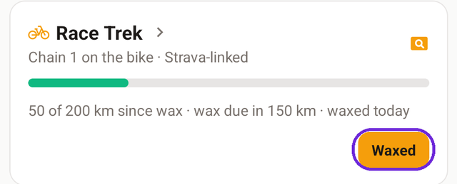 A single bike card on the dashboard with the Waxed button highlighted.